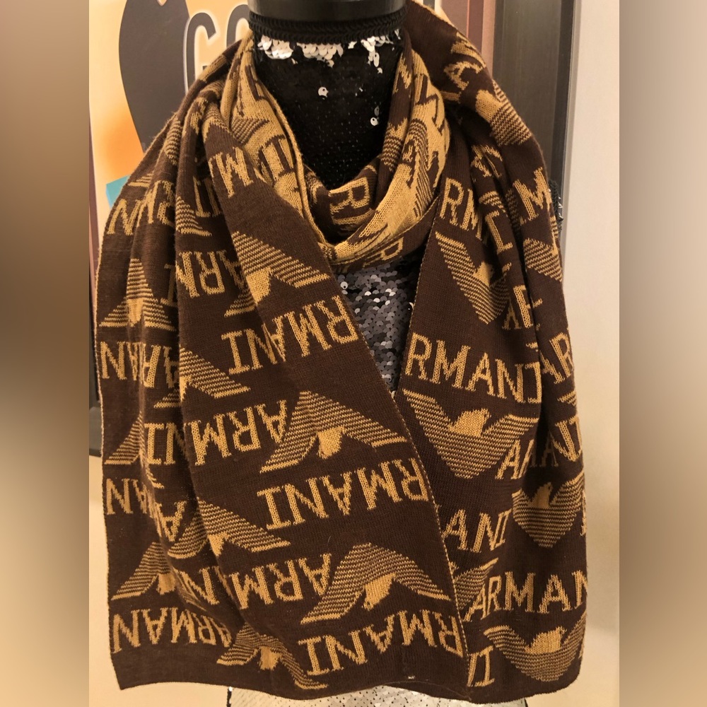 Authentic Giorgio Armani Unisex Scarf Monogrammed in Brown & Tan